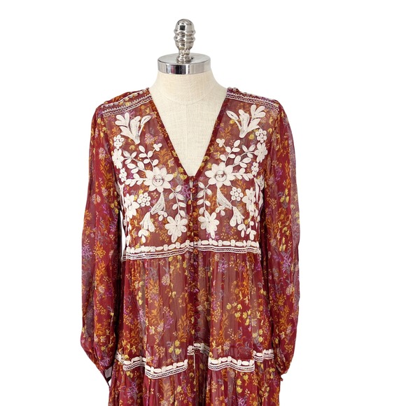 Free People Small Floral Embroidered Sheer‎ Cottage Hippie Boho Duster Dress - Picture 4 of 8